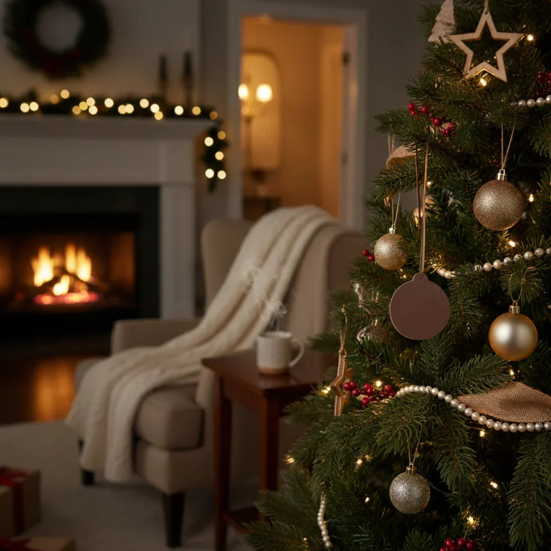 Decorated Christmas tree in a cozy living room with a fireplace and armchair.