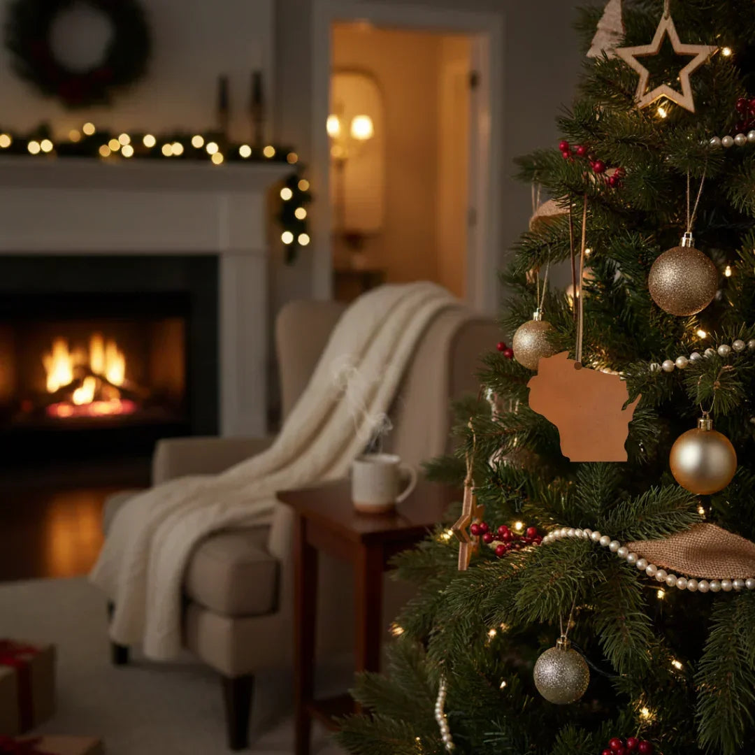 Decorated Christmas tree in a cozy living room with a fireplace and armchair.