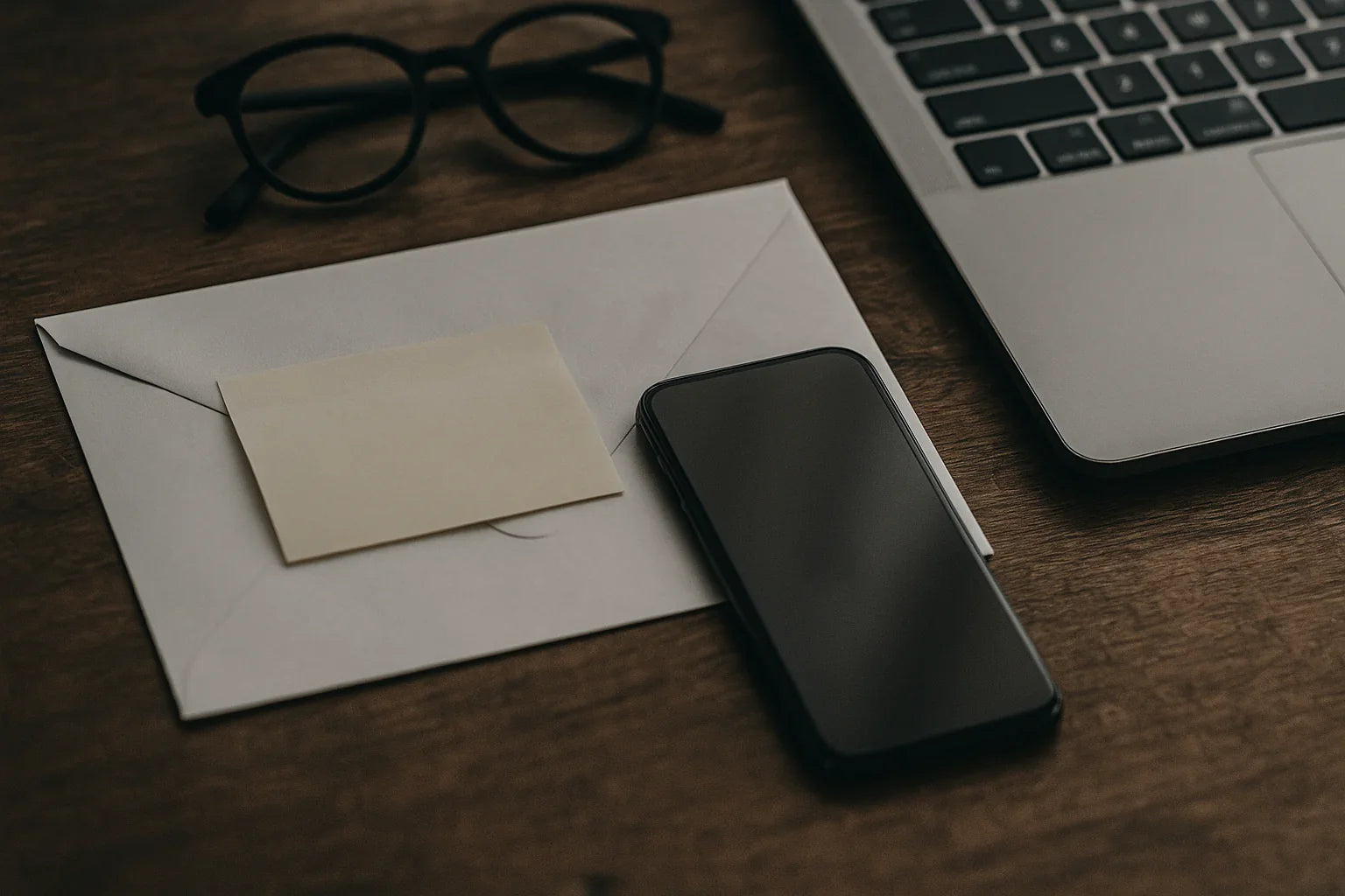 Workspace with eyeglasses, envelope, smartphone, and laptop on wooden desk