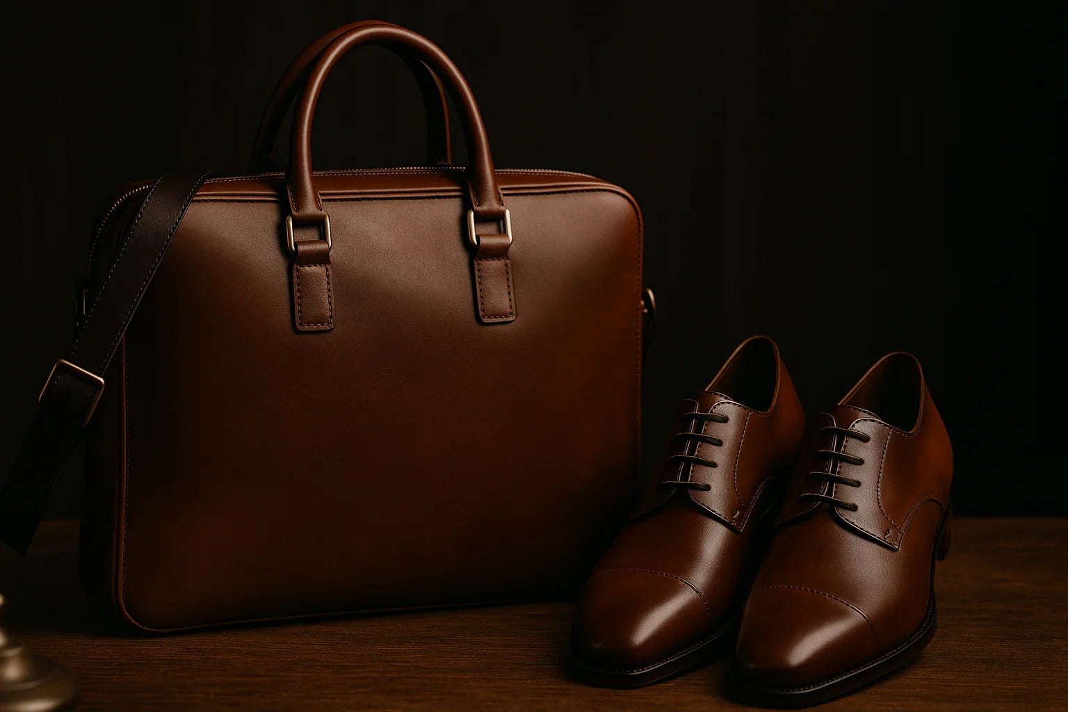 Brown leather briefcase and oxford dress shoes on a dark wooden surface