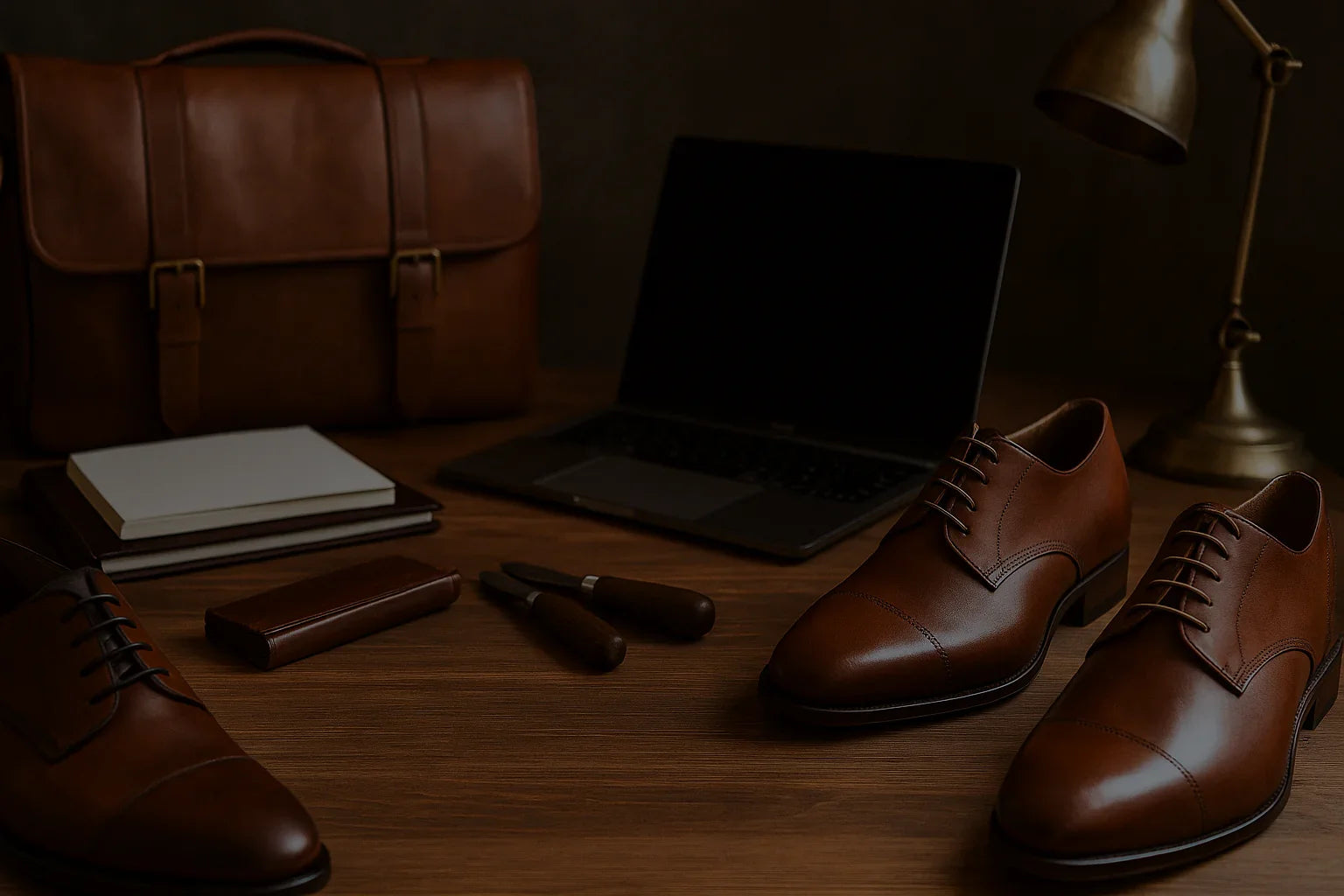 Brown leather dress shoes, matching briefcase, and laptop on wooden desk, elegant workspace