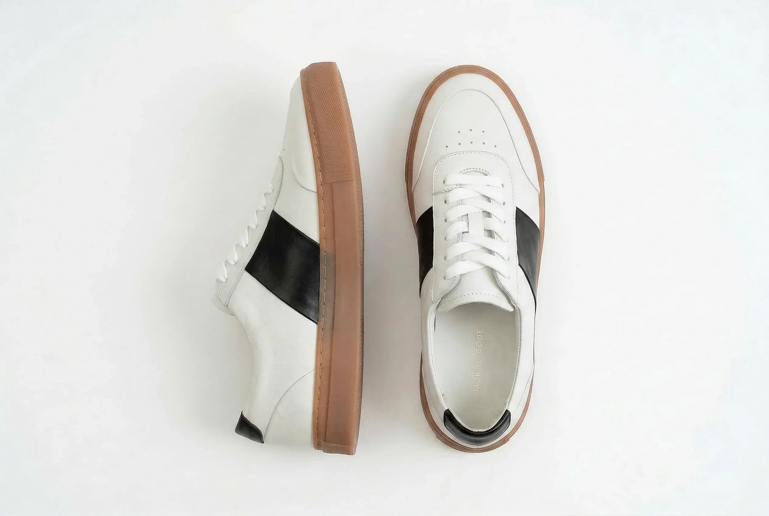 White leather sneakers with black stripe and gum sole, men's casual athletic shoe