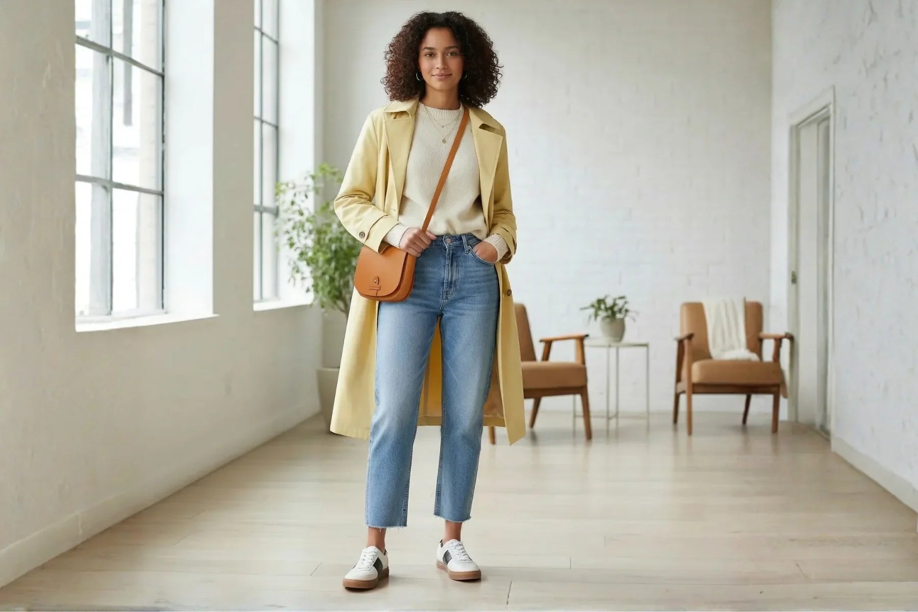 Woman in a beige trench coat, jeans, and white leather sneakers standing in a bright modern room