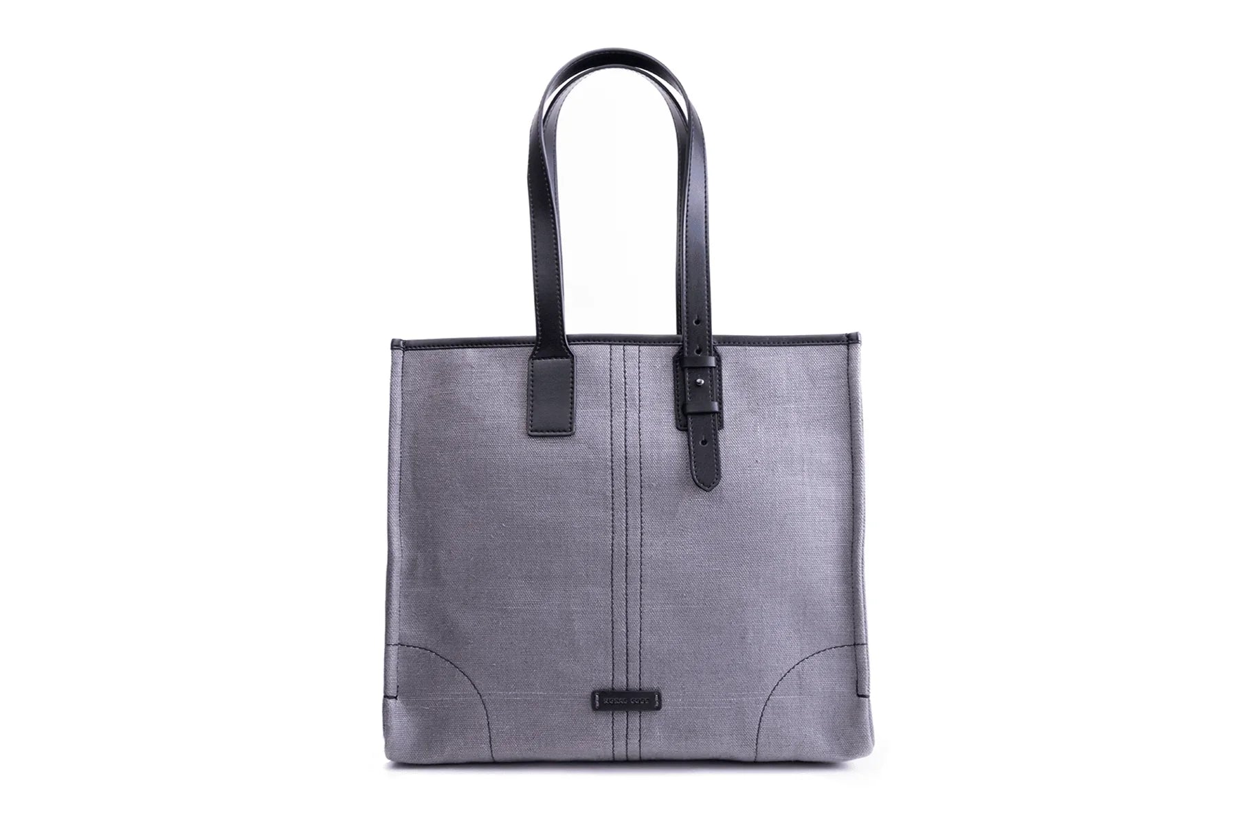 Gray tote bag with black handles and accents
