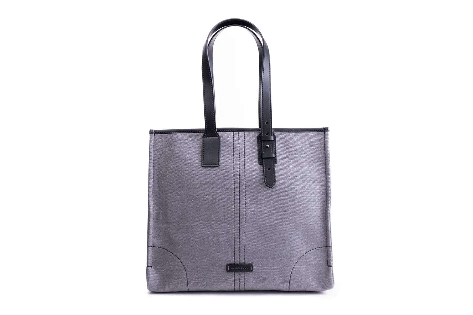 Gray tote bag with black handles and accents