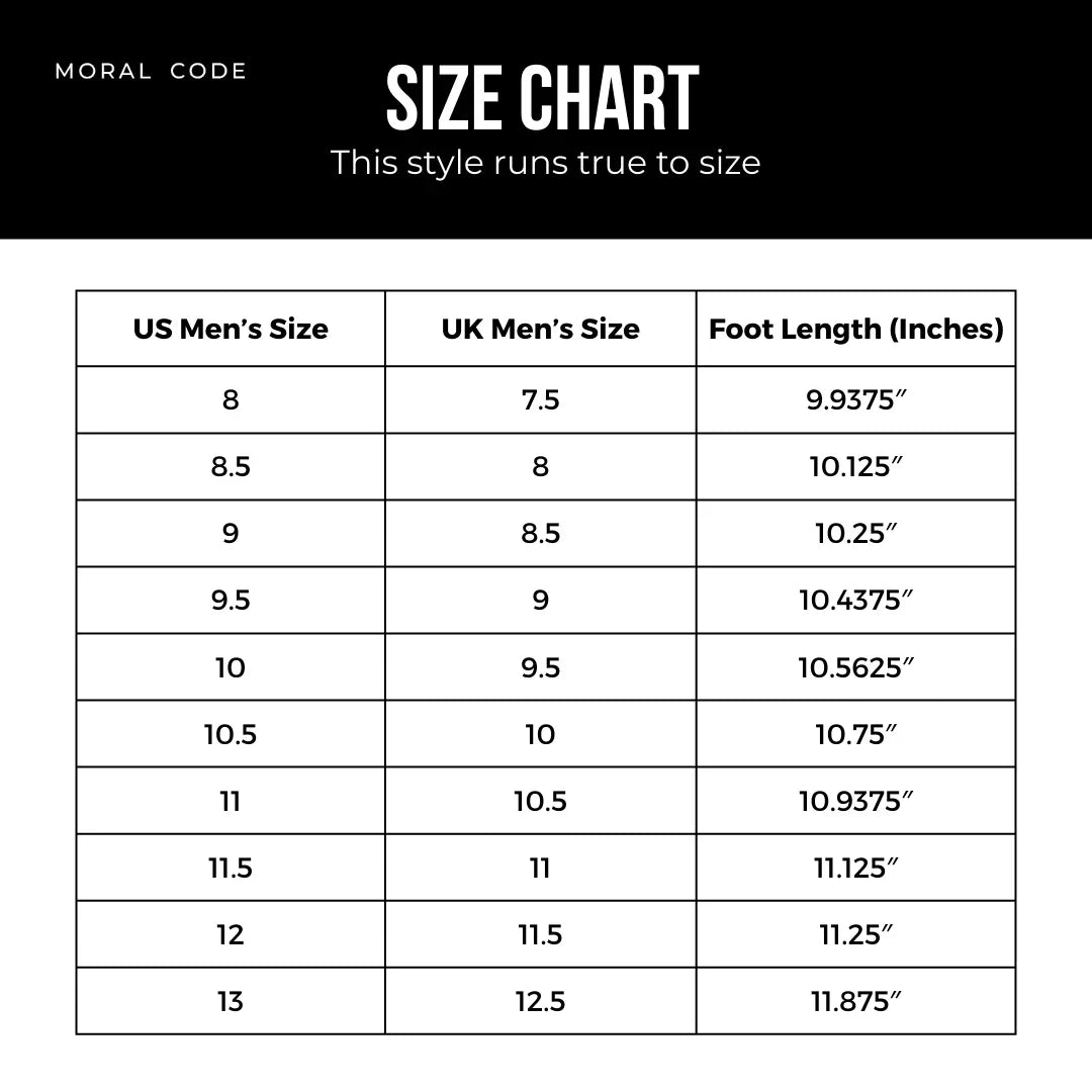 Men’s shoe size chart showing US, UK sizes and foot length in inches, true to size.