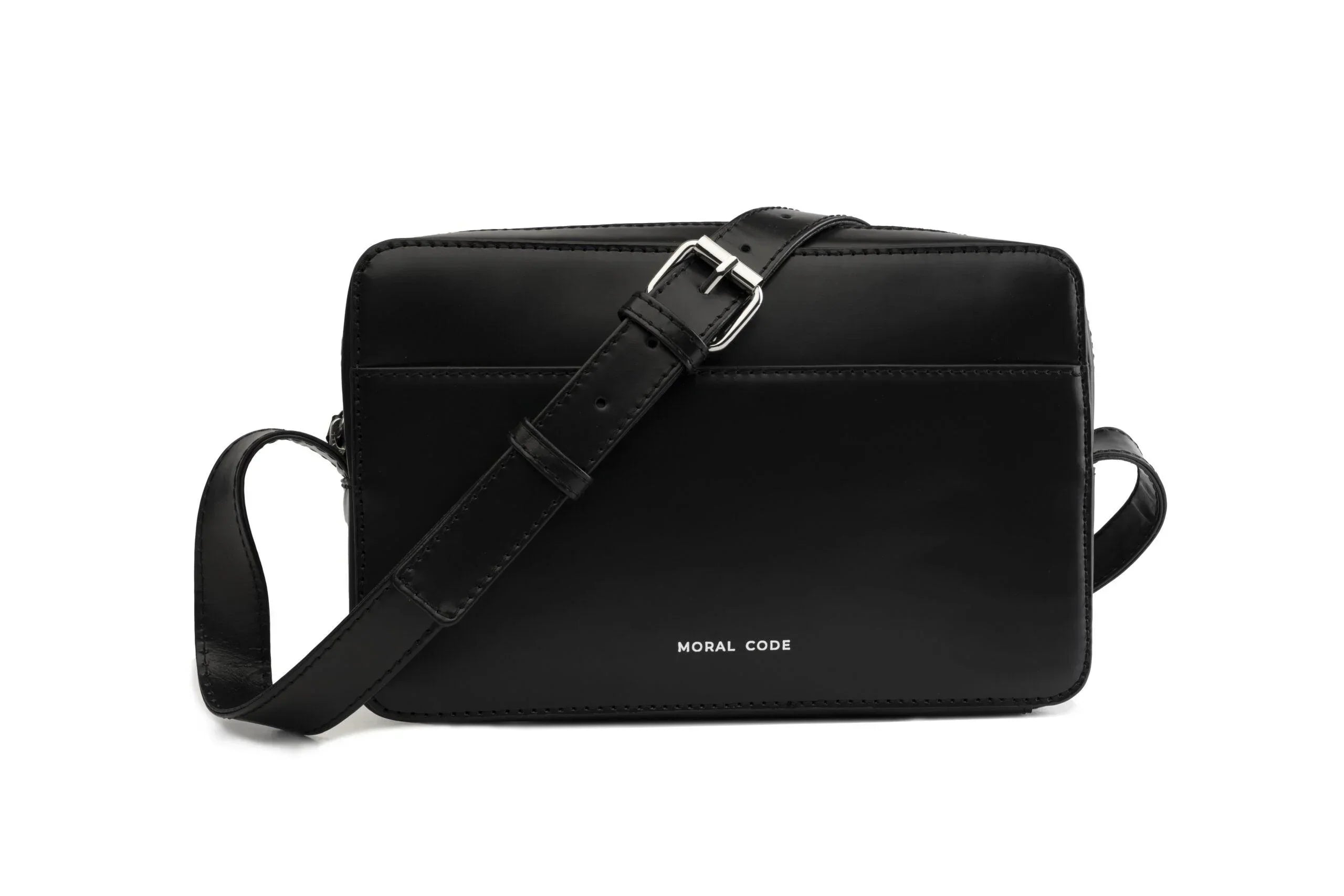 Black leather crossbody bag with 'Moral Code' branding
