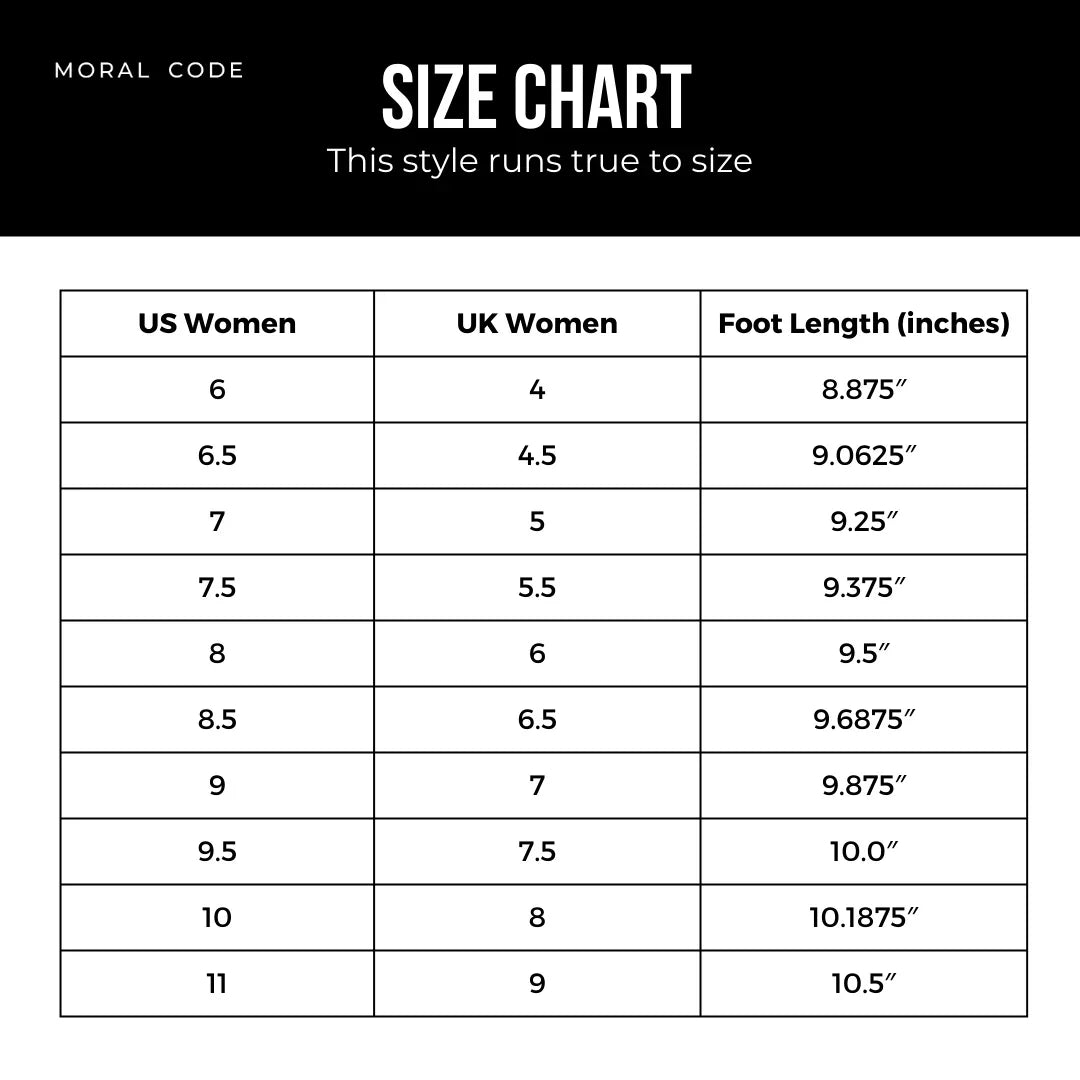Women's footwear size chart comparing US, UK sizes and foot length in inches, true to size.