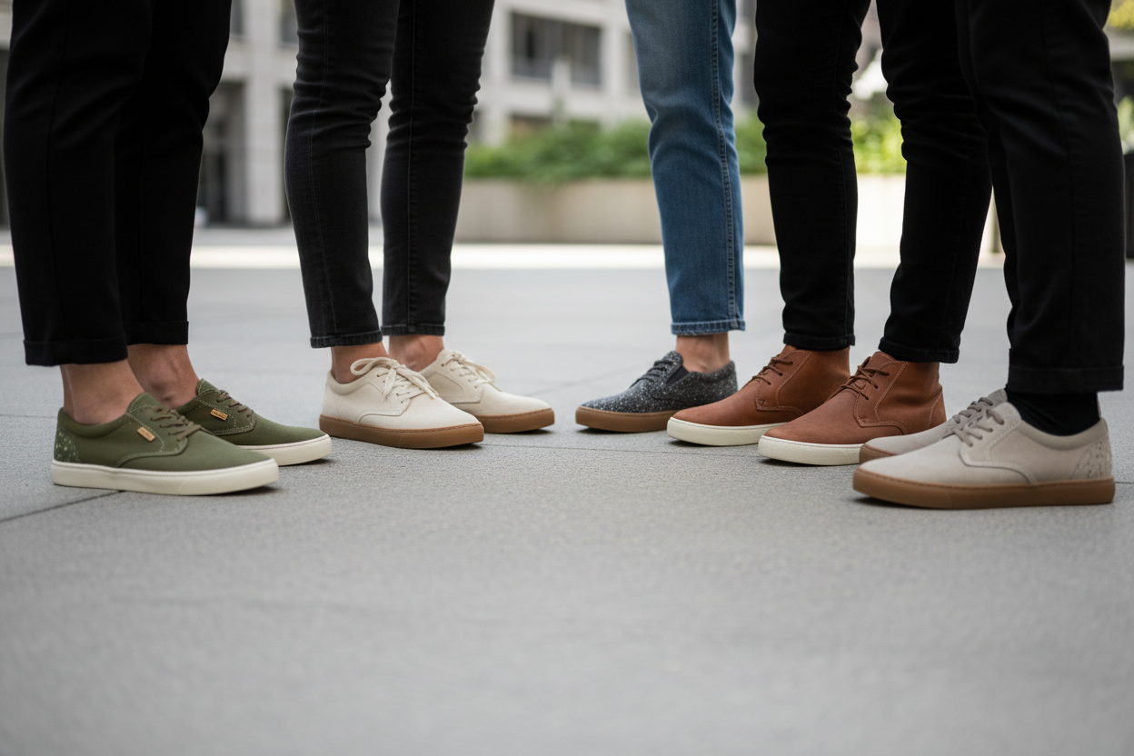 create a image with group of people wearing moral code ahoes without any text and focus on the shoes