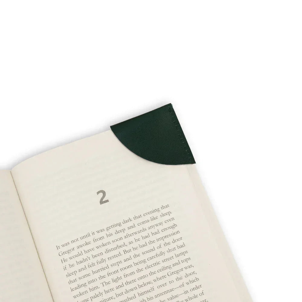 Open book with a green bookmark on a white background