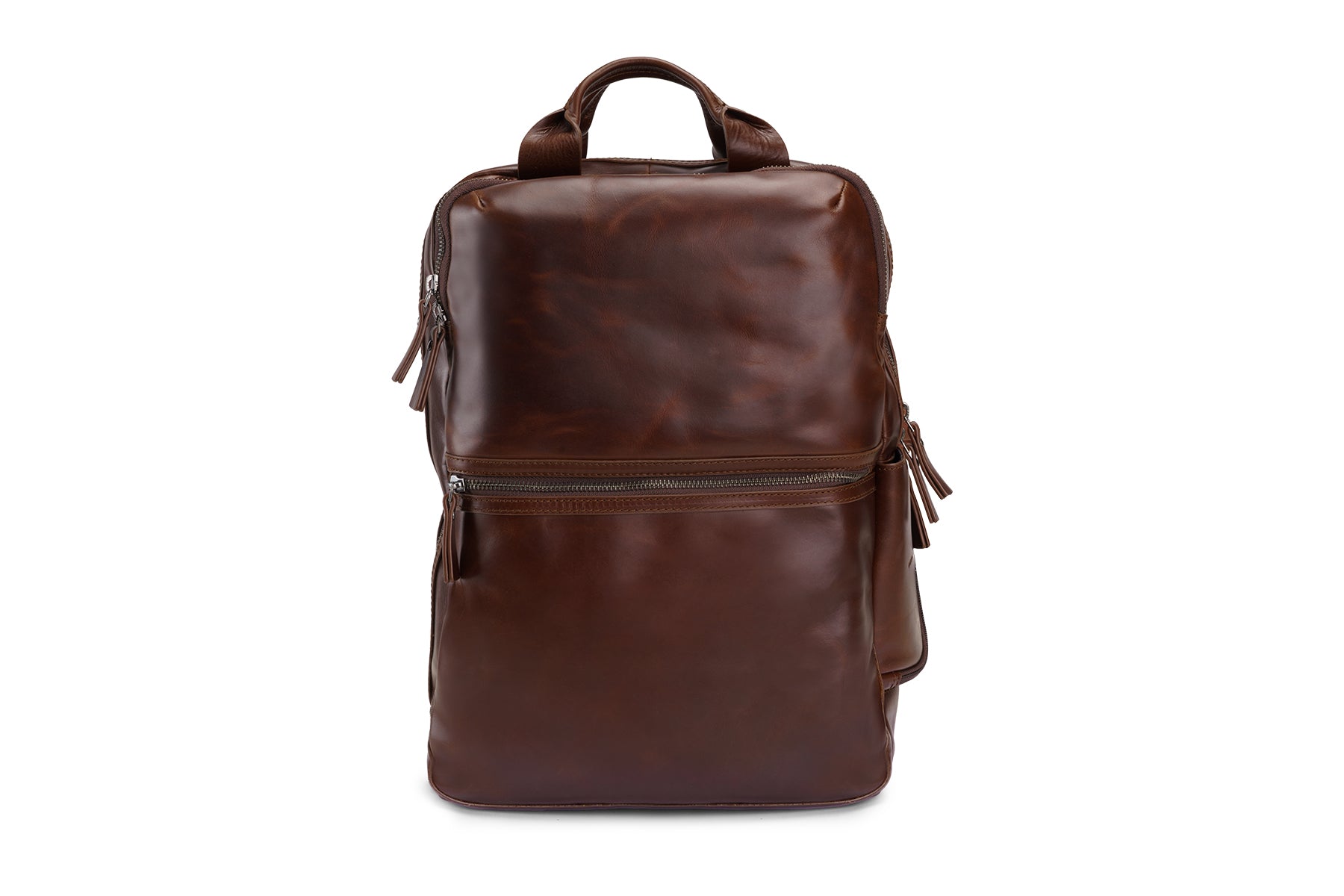Brown leather backpack on a white background