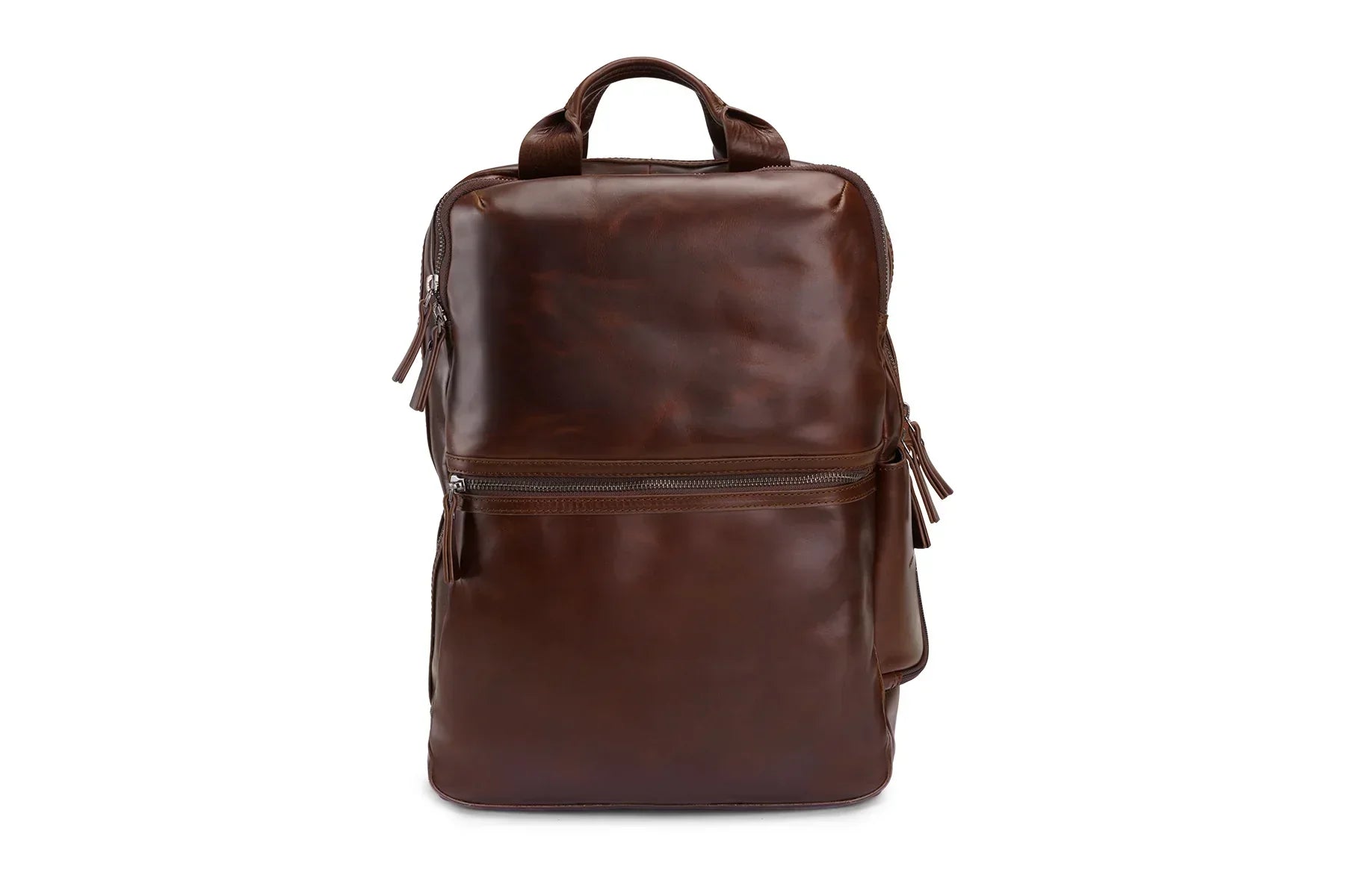 Brown leather backpack on a white background