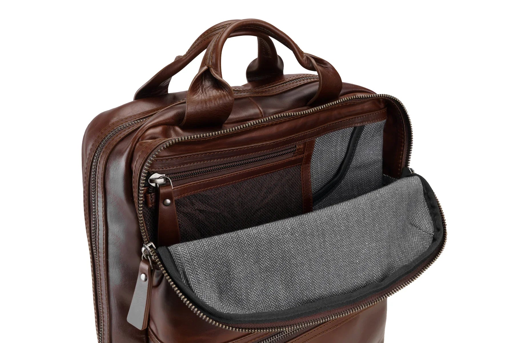 Brown leather backpack with open front compartment