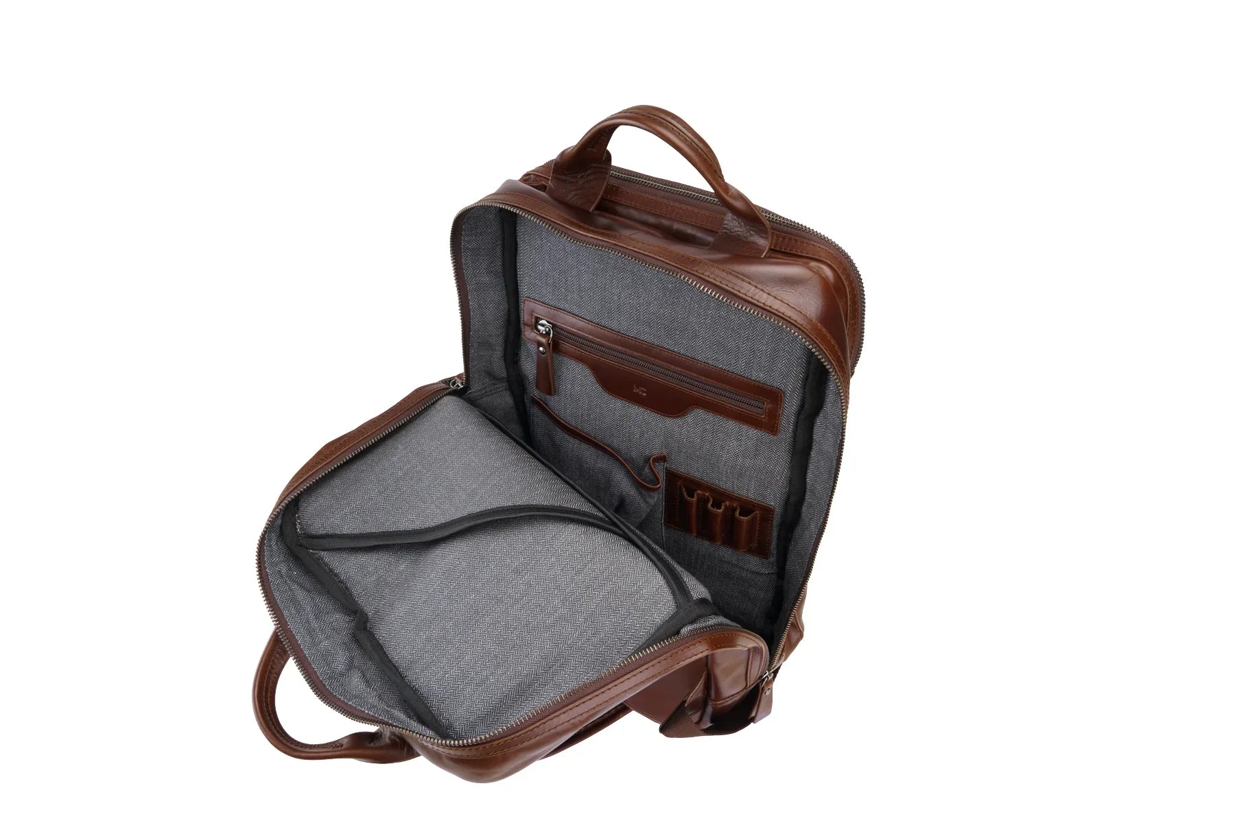 Brown leather and gray fabric backpack