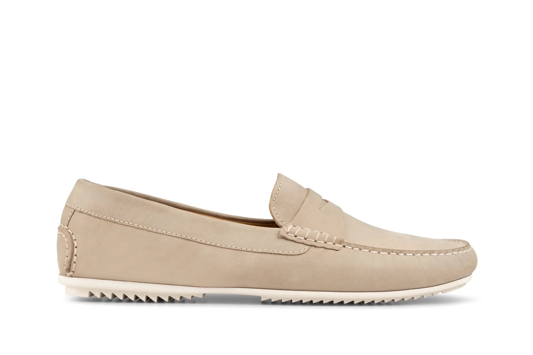 Men's limestone beige leather loafer with stitched detailing and rubber sole, side view