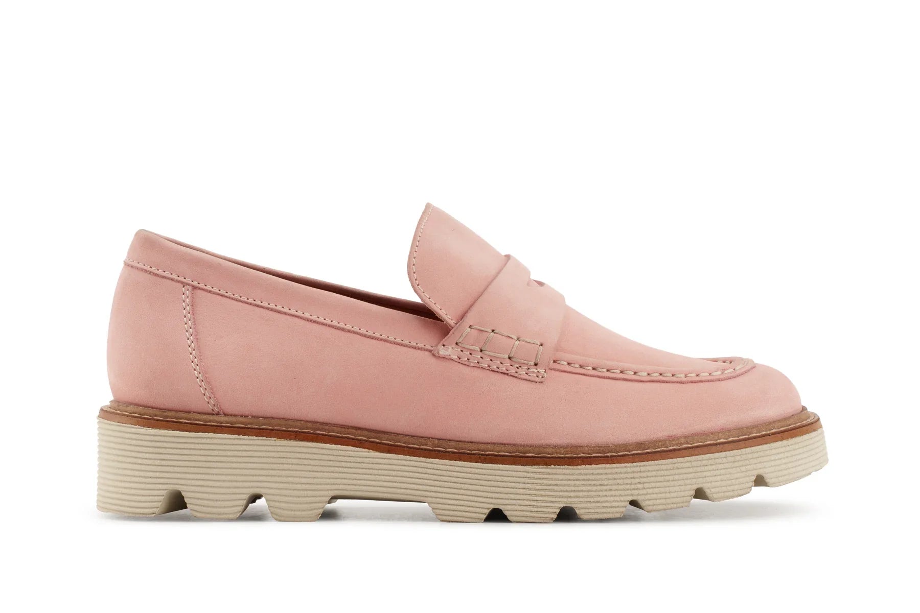 Cloud pink leather loafer with chunky beige sole, classic slip-on dress shoe