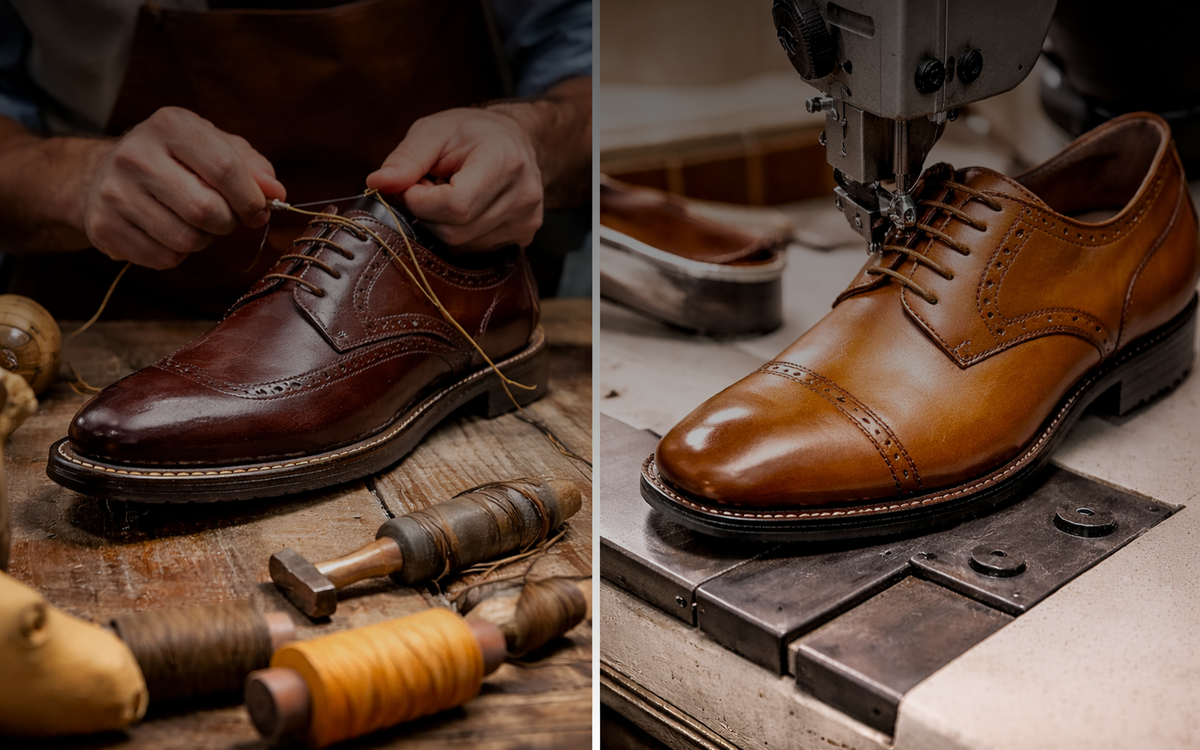 Handcrafted men’s leather dress shoes in brown and tan, shown in shoemaking workshop.