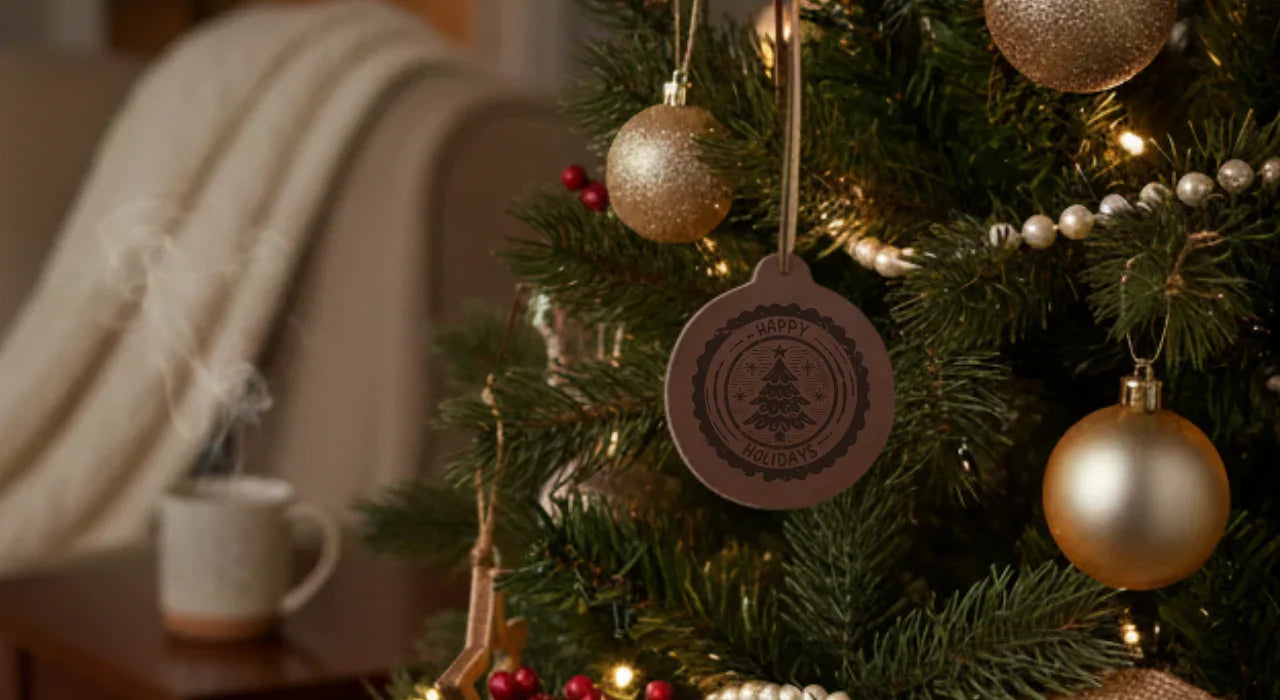 Holiday tree with gold ornaments, leather Happy Holidays tag, cozy mug and blanket in background