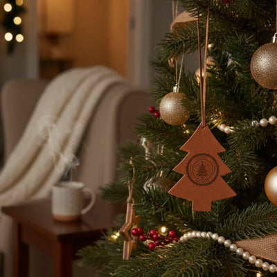 Decorated Christmas tree with ornaments in a cozy living room setting.