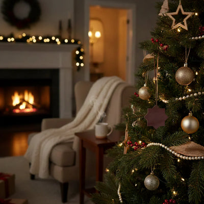 Decorated Christmas tree in a cozy living room with a fireplace.