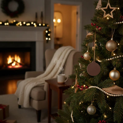 Decorated Christmas tree in a cozy living room with a fireplace and armchair.