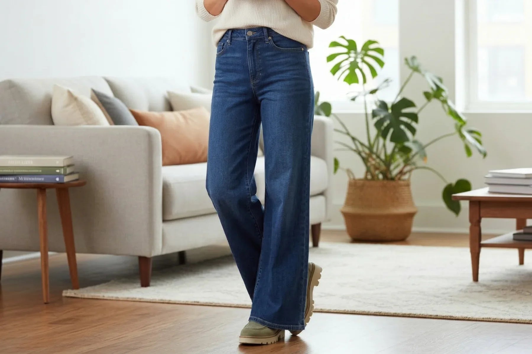 Person wearing blue wide-leg jeans and stylish leather shoes standing in a modern living room  