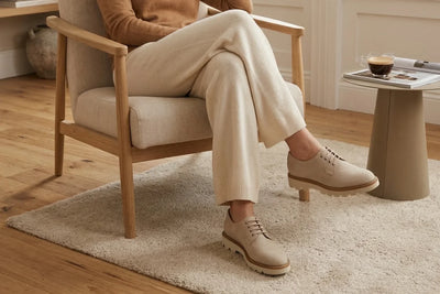 Beige leather lace-up shoes on a person seated in a modern living room on a cream rug
