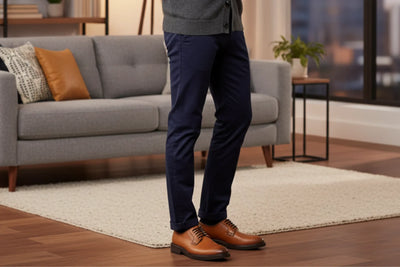 Men’s tan leather dress shoes paired with navy pants in a modern living room setting  