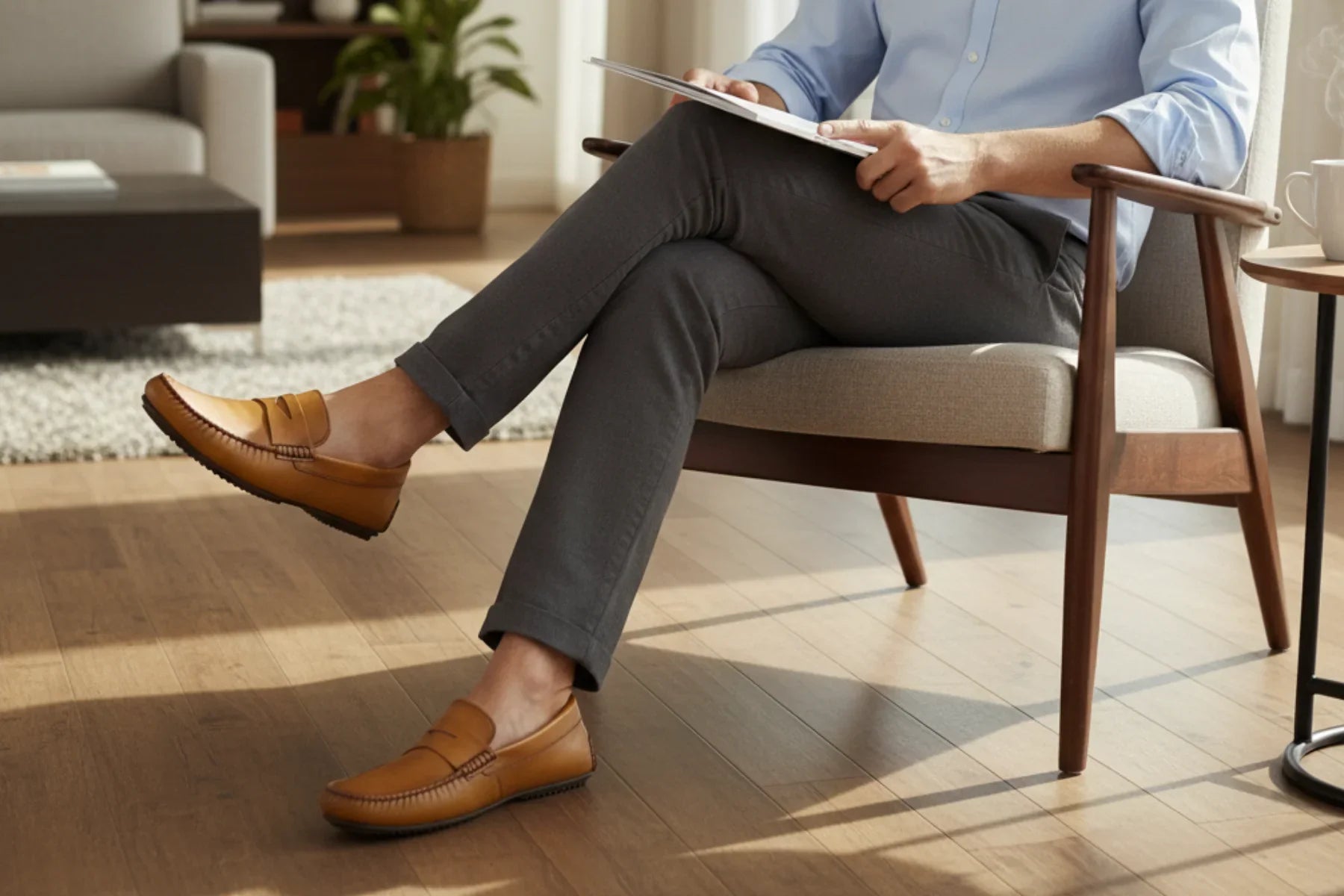 Man in grey pants wearing tan leather loafers sitting in a modern chair on wood floor 