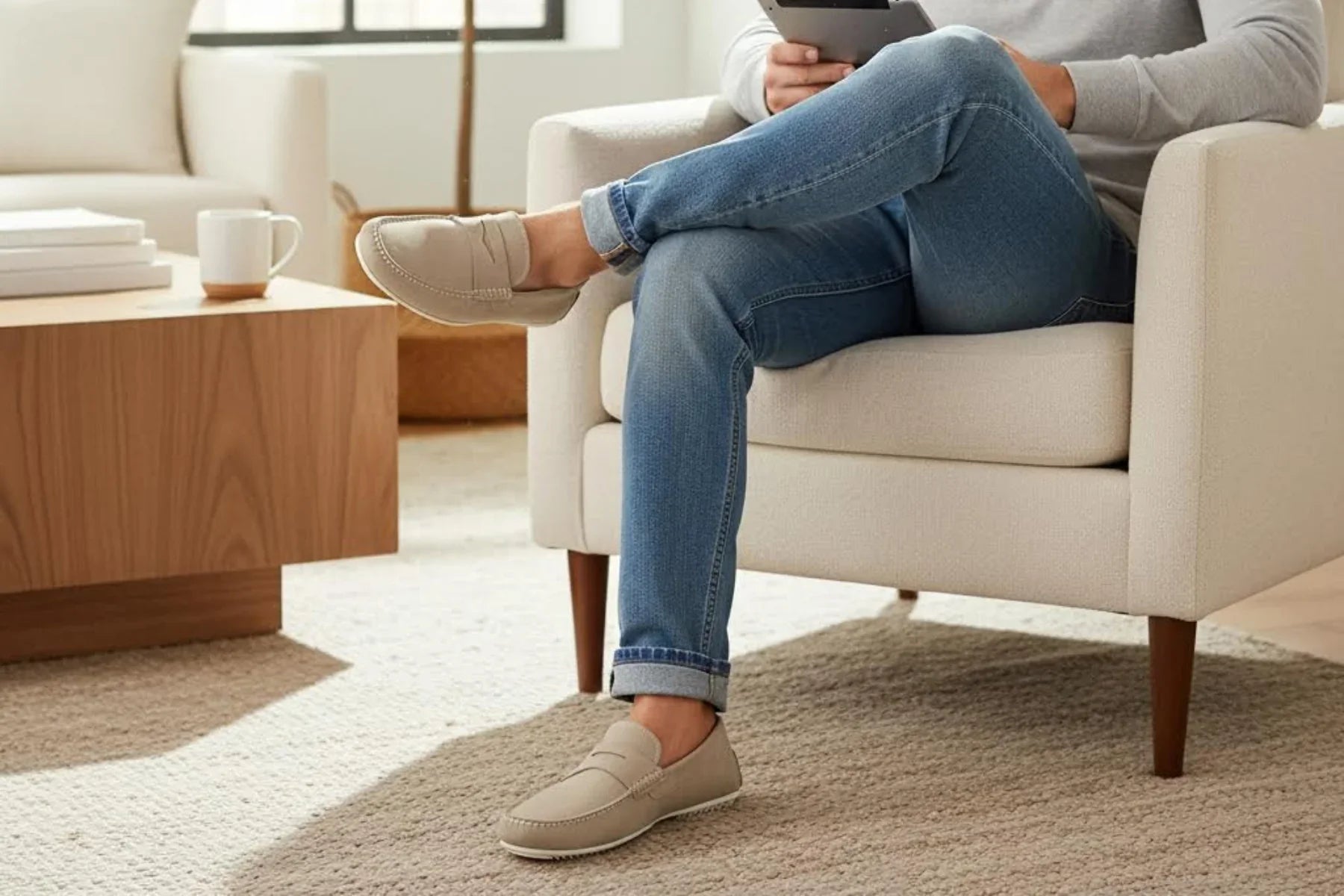 Man wearing beige leather loafers and blue jeans, sitting in a modern living room 