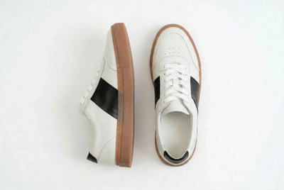 White leather sneakers with black stripe and gum sole, men's casual athletic shoe 