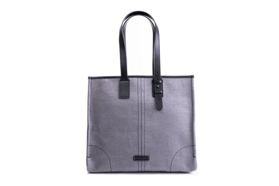 Gray tote bag with black handles and accents 