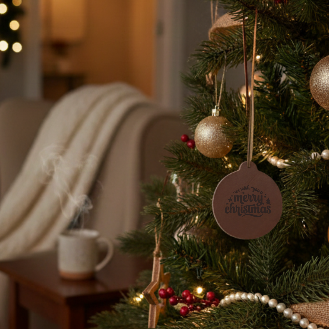 Decorated Christmas tree with ornaments and a mug on a table in a cozy room.