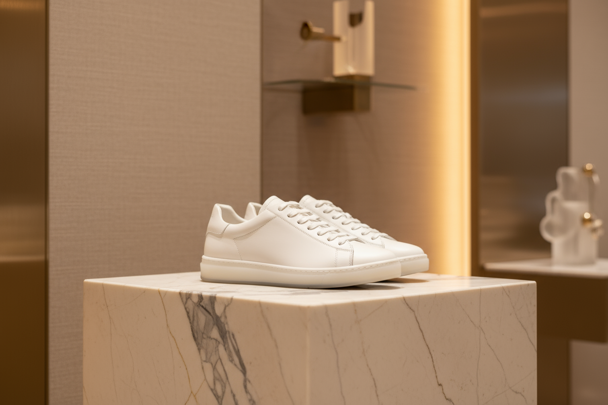 a image featuring a white sneakers a luxury backroung without any text