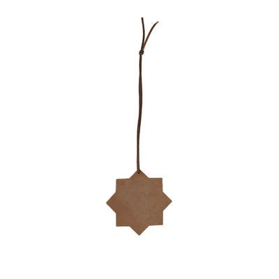 Brown star-shaped ornament hanging on a white background