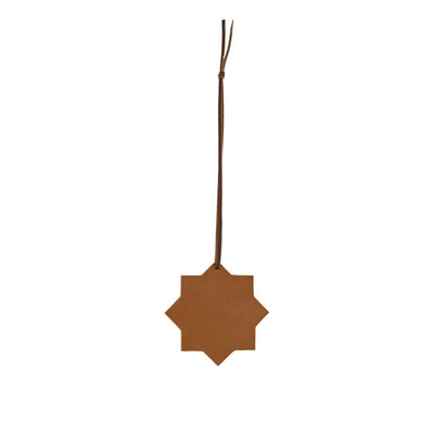 Brown star-shaped ornament hanging on a white background