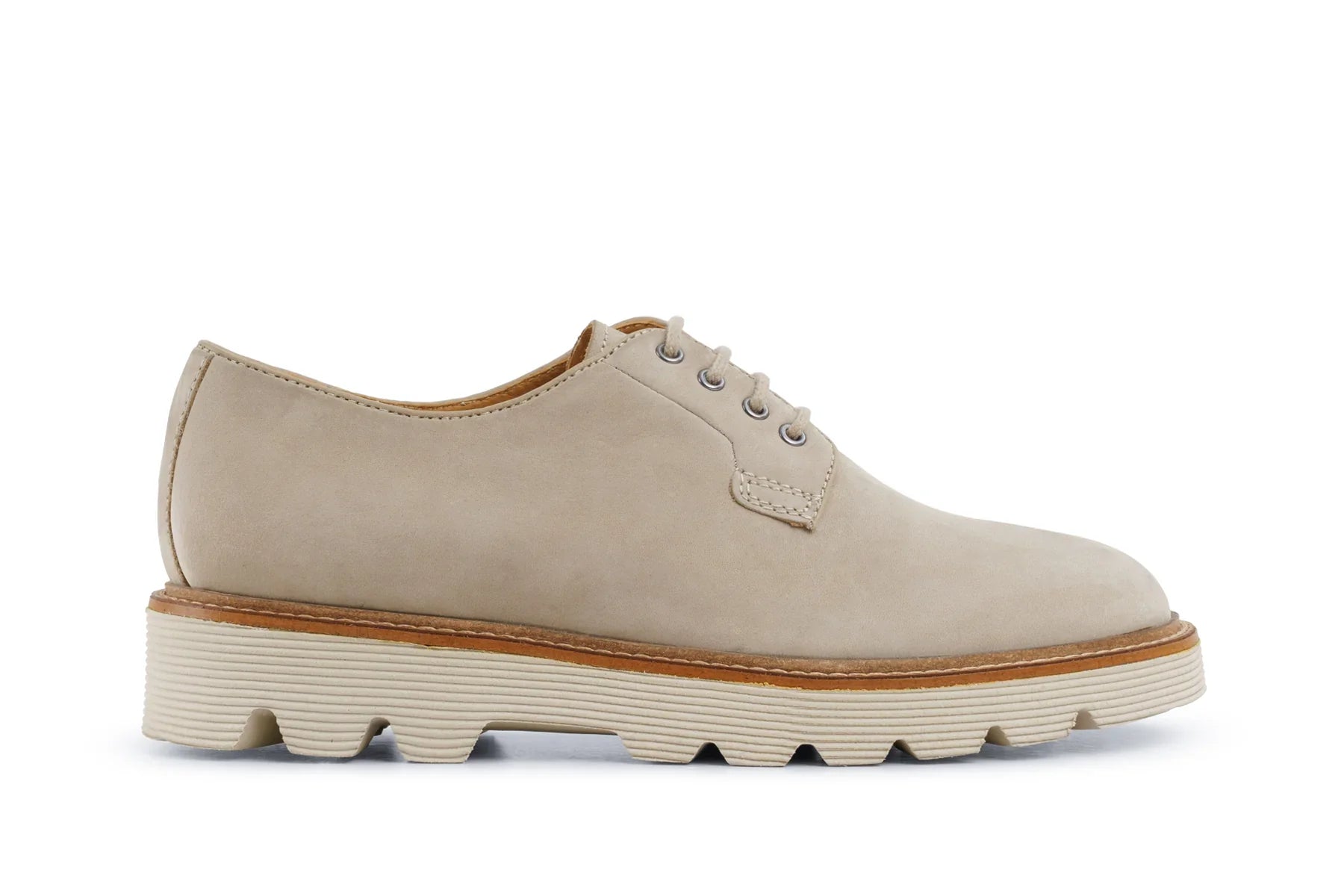 Men's limestone leather derby shoe with chunky ridged sole, classic lace-up design