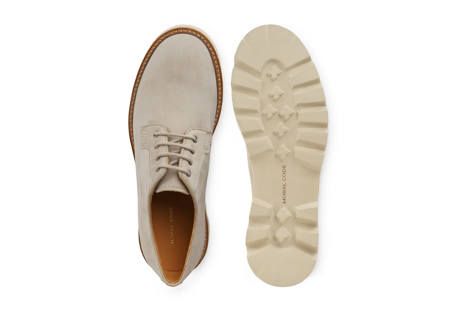 Men’s limestone suede derby shoes with rugged rubber sole, top and sole view