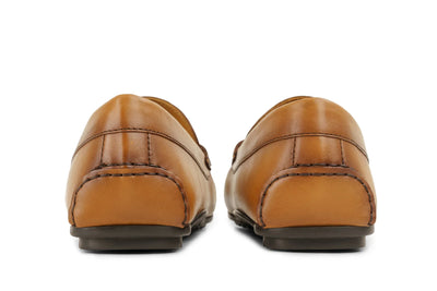 Back view of tan leather loafers with visible stitching on white background 