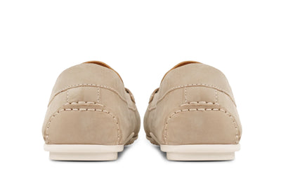 Back view of beige leather loafers with visible stitching and white soles 