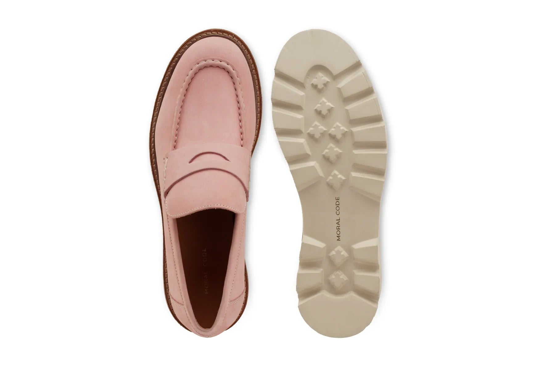 Pink suede penny loafer with white lug sole, shown top view and sole view on white background 