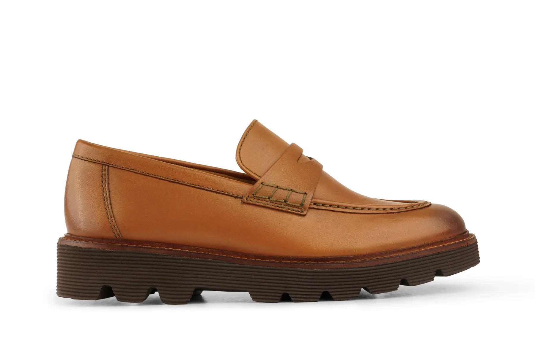 Tan leather loafer with moc toe stitching and chunky brown rubber sole on white background   