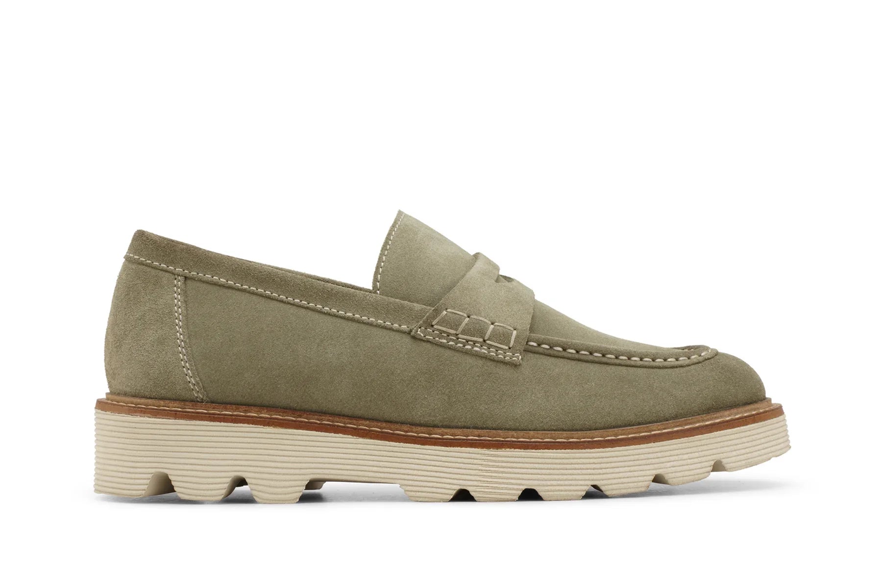 Light olive suede loafer with lug sole and contrast stitching, men's leather footwear  