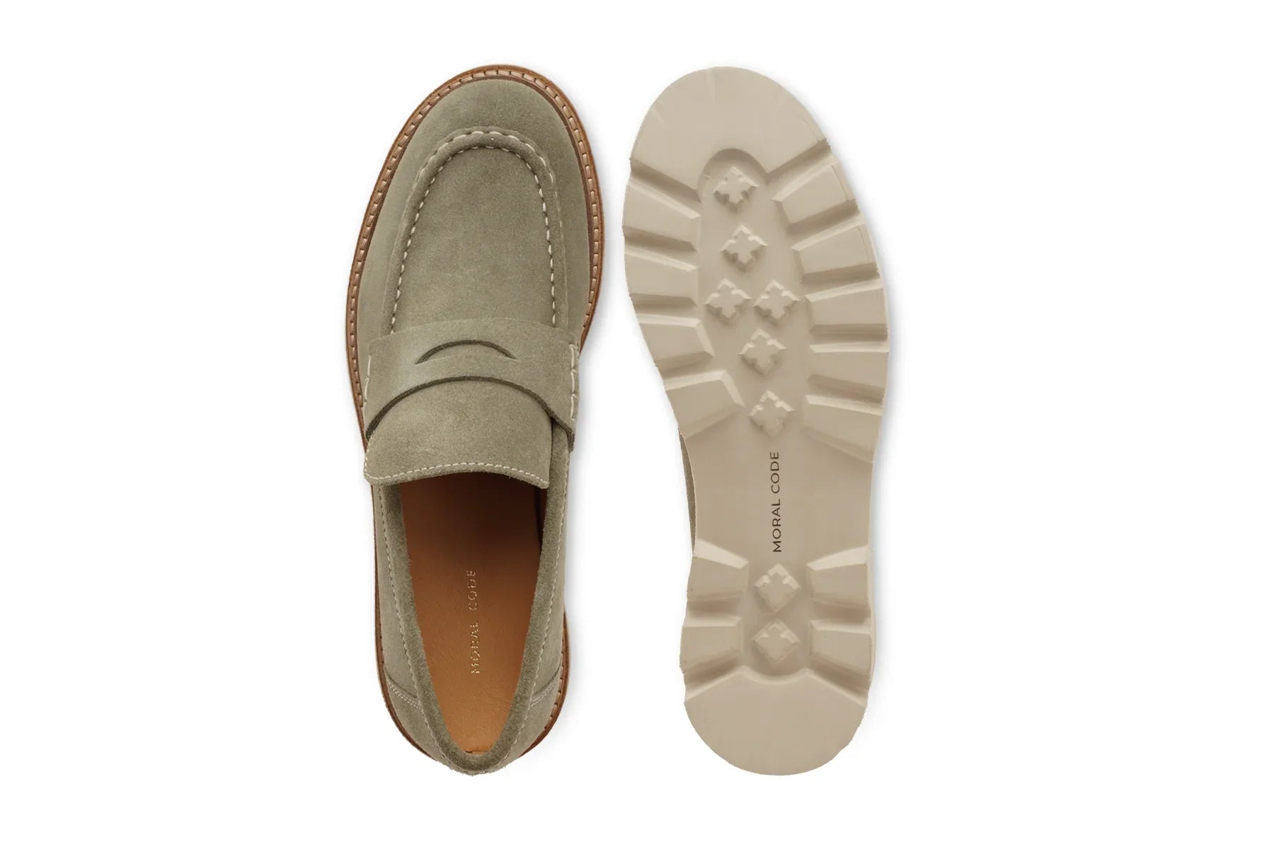 Light olive suede loafer with stitched detailing and lugged rubber sole, top and bottom view  
