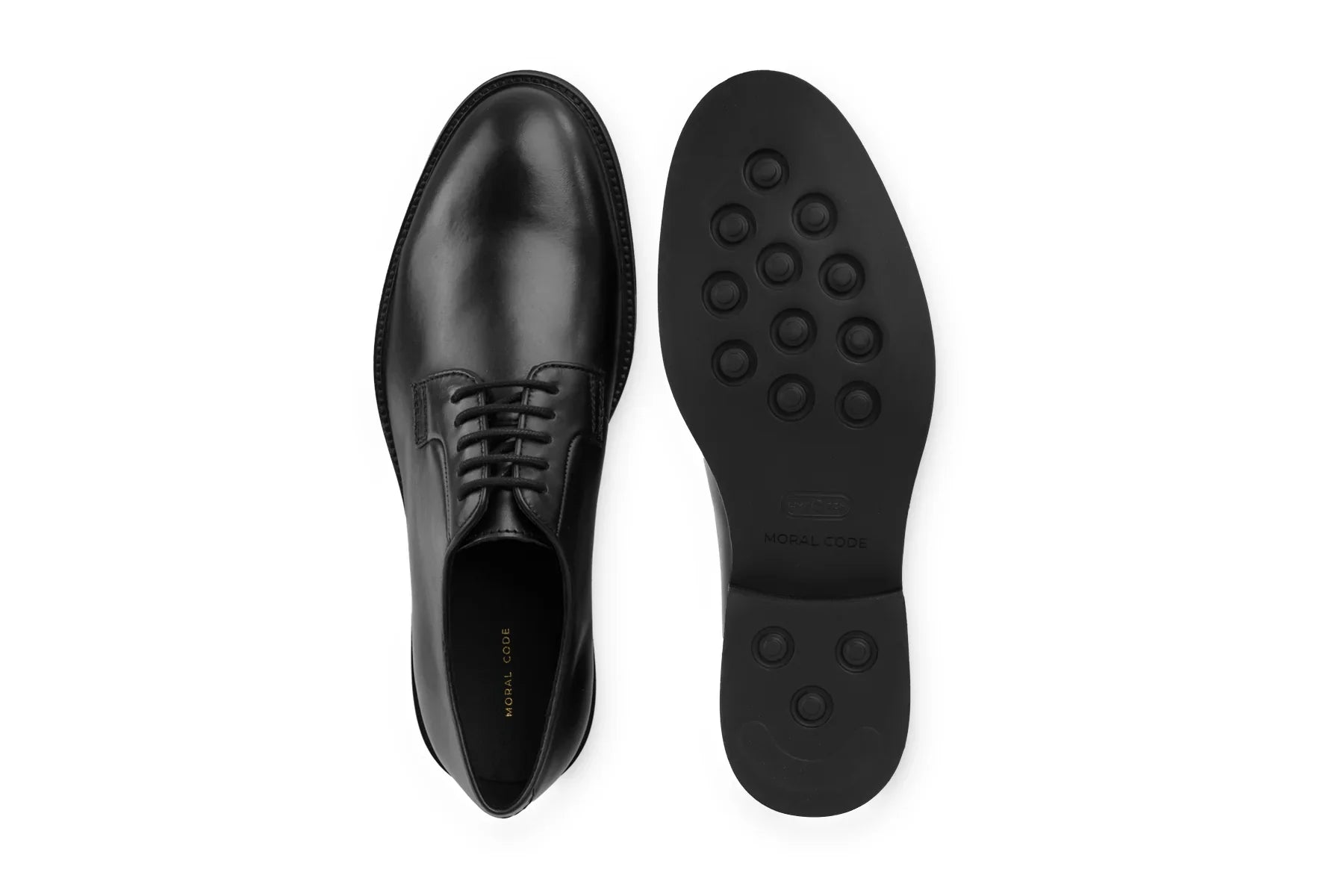 Black leather derby dress shoe with rubber sole, shown from top and bottom views 