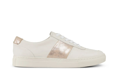White leather sneaker with metallic pewter accent, low-top, lace-up shoe on white background
