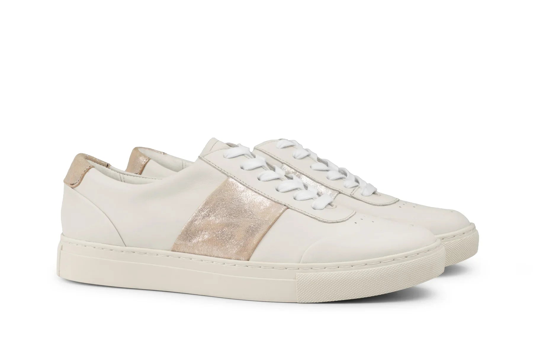 White leather low-top sneakers with metallic pewter side detail and white laces on white background 