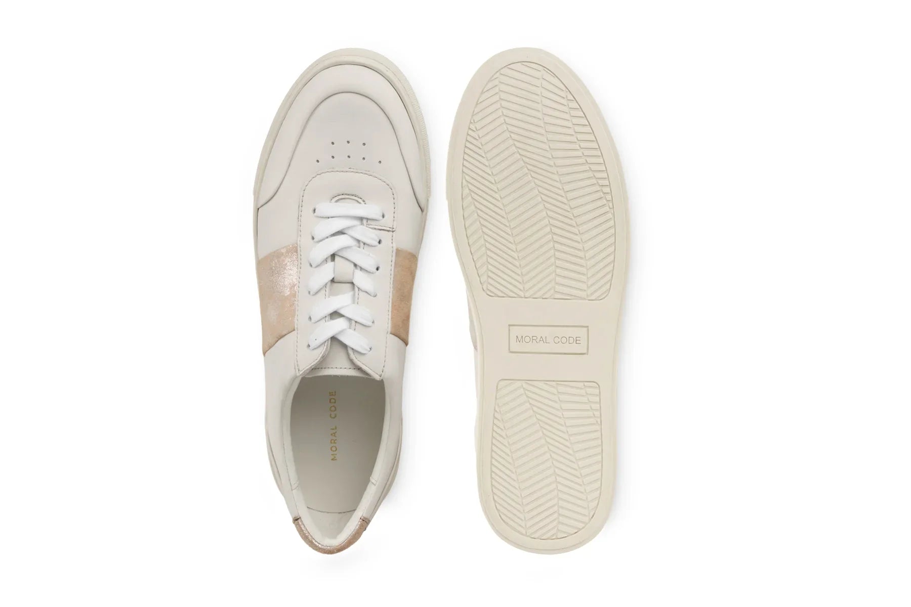 White leather sneaker with beige accent stripe, shown top and sole views on white background 