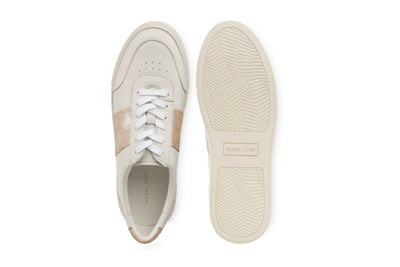 White leather sneaker with beige accent stripe, shown top and sole views on white background 